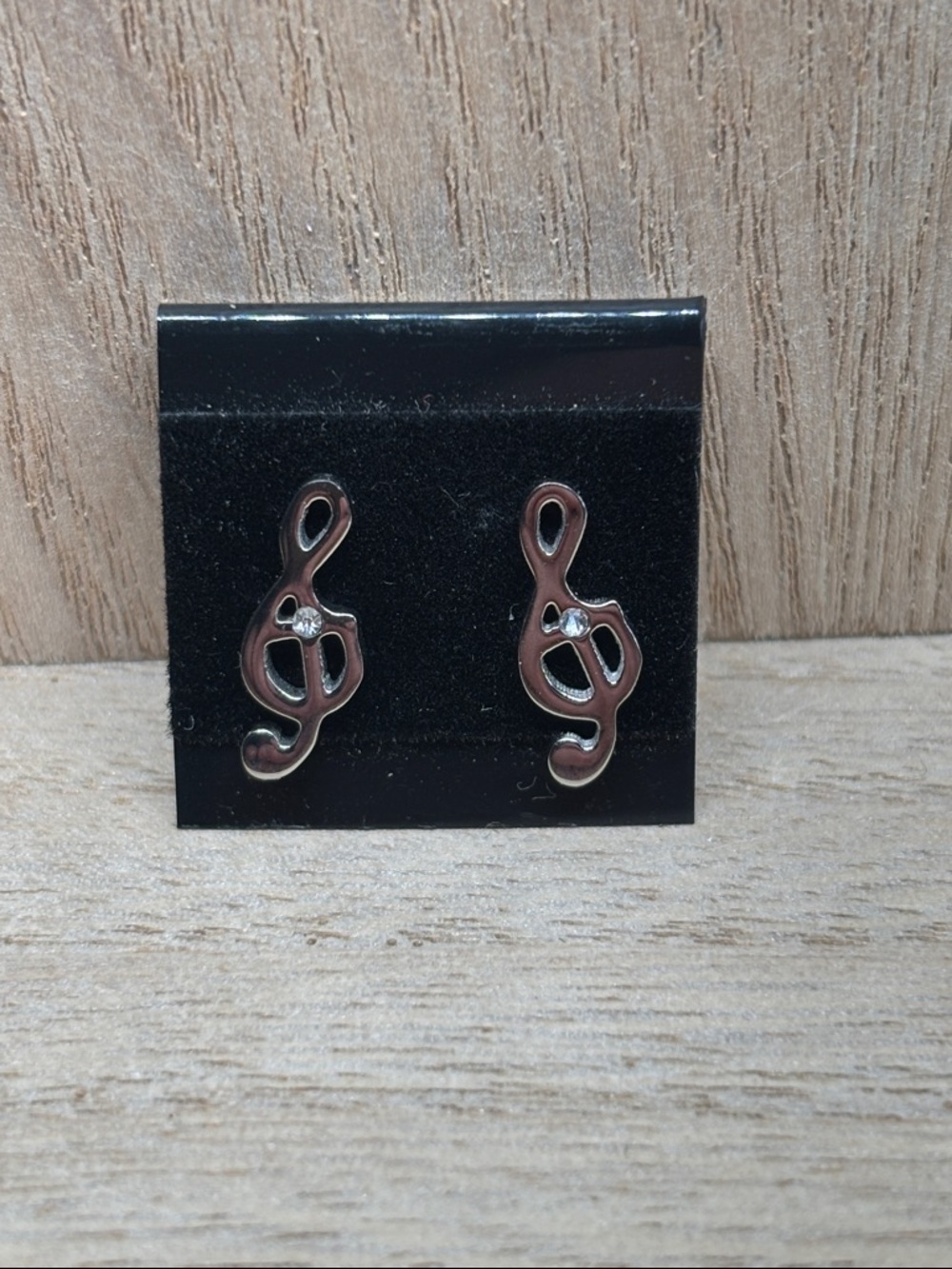 Treble Clef Stud Earrings in Silver Tone with Crystal Accent